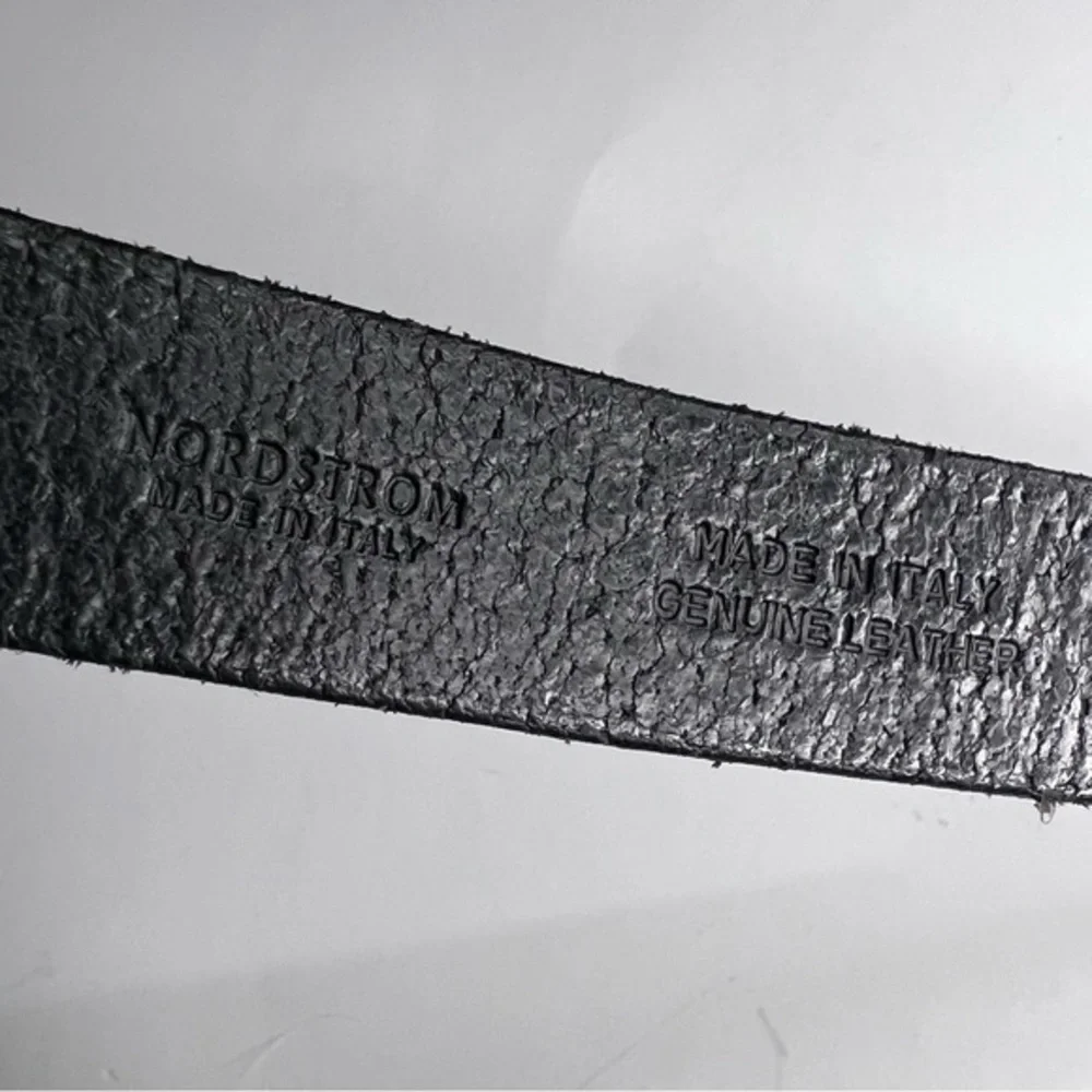 Vintage Nordstrom Ibel Pewter Buckle Black Leather Belt Made In Italy 32